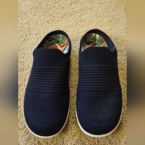 Spenco Orthotic Memory Foam Slip On Knit Mules 8D Utopia Navy Floral Stretch